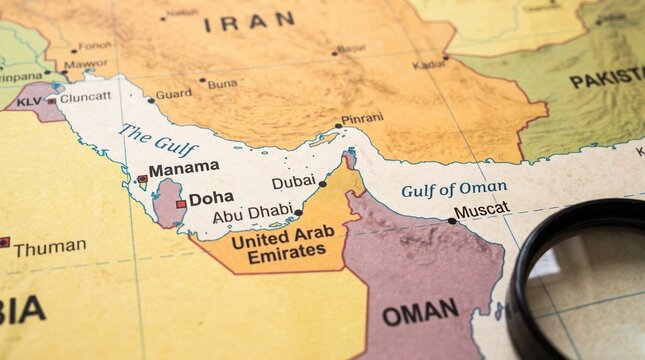 Persian Gulf political map. Middle East geography with magnifying glass for research.
