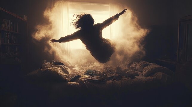 Silhouetted person floating above rumpled bed toward bright window haloed by dust, arms outstretched in a dreamy, liberating moment in a dim bedroom