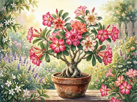 Watercolor painting of blooming desert rose bonsai in garden