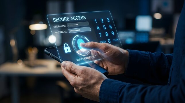 Secure digital access futuristic technology concept with biometric authentication and password protection systems