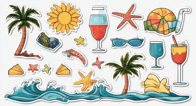 Colorful tropical beach sticker sheet with palm trees, bright sun, ocean waves with foam, starfish, seashells, cocktail glasses, sunglasses, umbrella, snorkel, float and relaxed vacation mood