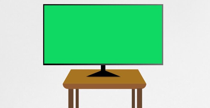Modern smart TV mockup on a wooden table featuring a green screen chroma key display for custom content editing.