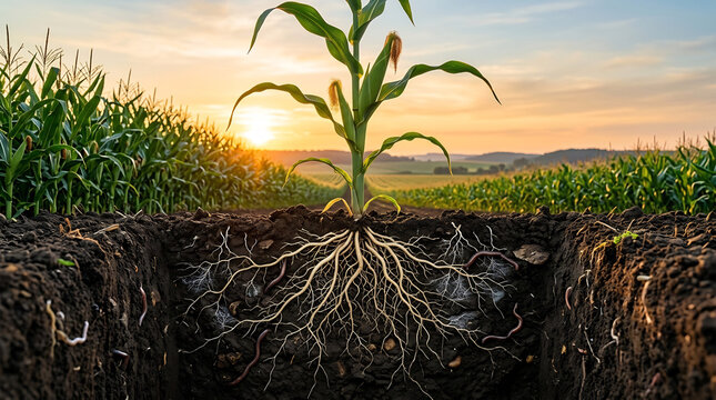 Corn stalk grows from deep fertile soil revealing a complex underground root network at sunset in an expansive agricultural landscape intended for farming and environmental research concepts.