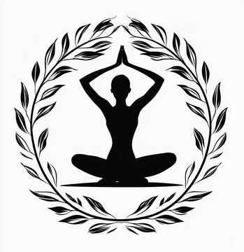silhouette of a seated person in lotus meditation pose with hands pressed above head, encircled by a decorative laurel leaf wreath, calm and serene