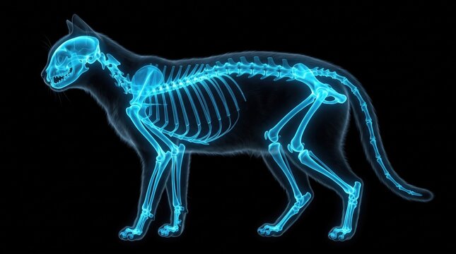 X-ray of a standing cat skeleton. Veterinary medical scan showing feline bone structure.