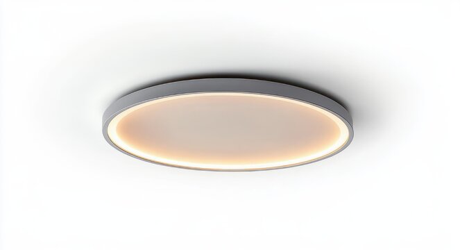 minimal round ceiling LED fixture with warm halo glow on white ceiling creating a cozy modern ambiance