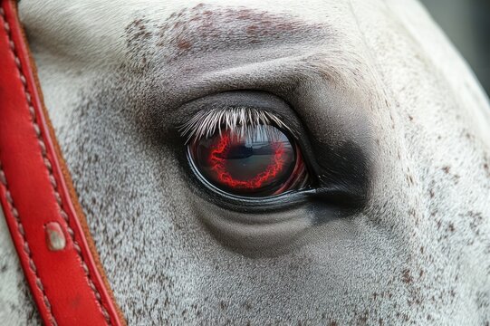 Close-up of a white horse eye with red glowing iris, long pale eyelashes, speckled grey coat and red leather bridle conveying an intense eerie mystical gaze