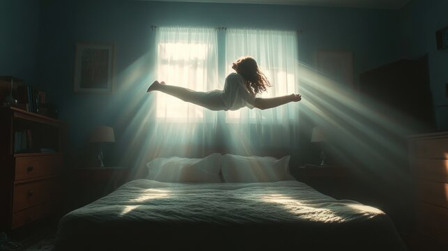 backlit figure levitating above bed in dim bedroom with sunlight streaming through sheer curtains, pillows, bedside lamps and dresser, serene dreamlike atmosphere