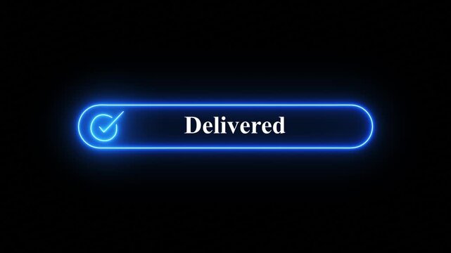 Minimalist glowing neon Delivered status button with a checkmark symbol against a clean dark digital background,A sleek, modern graphic element featuring a glowing neon light effect surrounding 