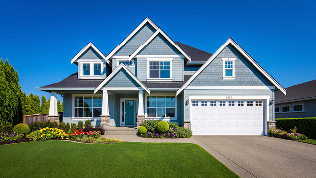 Blue american suburban house with landscaped yard and bright sky real estate two story suburban