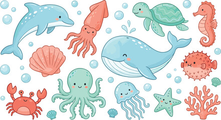 Cute Cartoon Sea Animals Vector Set Featuring Happy Whale, Dolphin, Octopus, Turtle, and Ocean Creatures for Children Book Layouts and Nursery Pattern Designs © SM