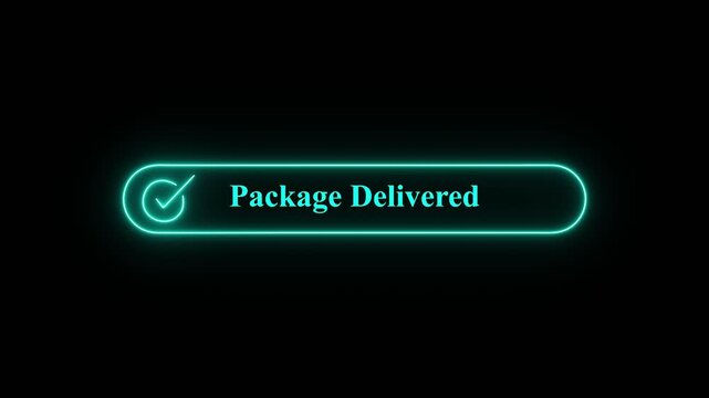 Minimalist digital notification bar displaying package delivered status with glowing blue neon checkmark icon on black background,A clean, modern digital user interface element showing a delivery  