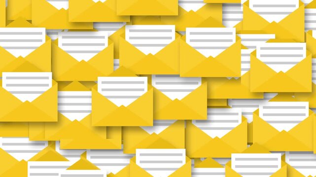 email Many sign - 2D Transition animation background. Animated video of yellow open envelopes pop-up.