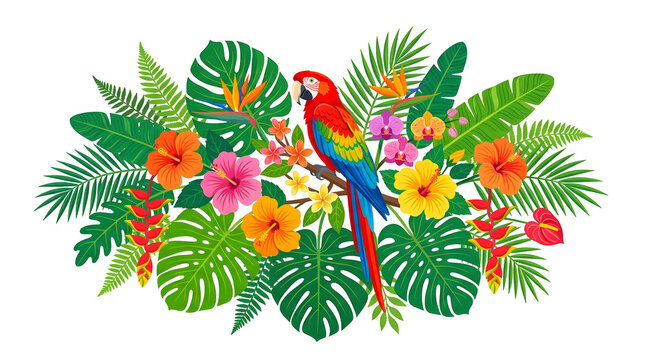 Scarlet macaw parrot with tropical flowers monstera leaves and exotic palm foliage illustration on white background