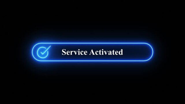 A glowing neon light button interface displaying the message service activated with a successful checkmark icon symbol,A digital user interface element featuring glowing neon turquoise text 