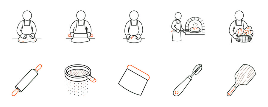 Baker at work and baking tools icons collection