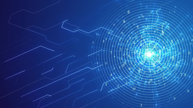 Blue data radar interface visual with glowing numeric rings, right side HUD target, and open copy space. Perfect for AI dashboards, software videos, analytics titles, and overlays.