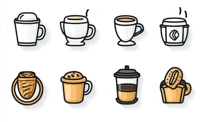 Obraz premium Playful coffee and pastry icon set showing takeaway cups, steaming mugs, French press, frothy cup, croissant and muffin conveying a cozy warm morning vibe