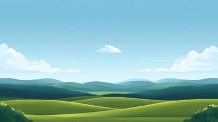 Fototapeta premium tranquil sunlit rolling green hills with forested ridges and distant blue mountains under a bright sky with fluffy clouds