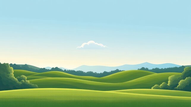 serene sunlit rolling green hills with scattered trees, distant blue mountains and a clear sky with a single cloud