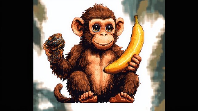 pixel art baby monkey sitting and holding a banana with a blurred face against a cloudy background, playful cheeky mood