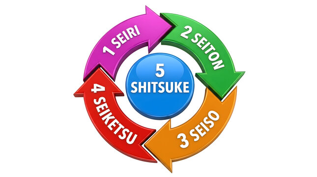 Circular diagram with five colored arrows labeled in Japanese: Seiri, flowchart, steps, process