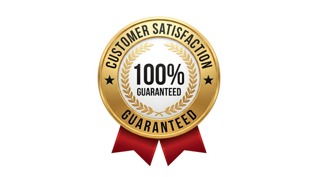 Gold badge with red ribbon displaying 100% customer satisfaction guarantee and laurel wreath