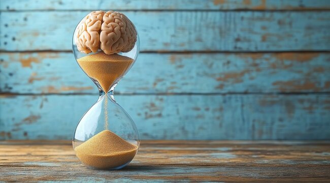 Hourglass with a human brain in the upper bulb slowly pouring sand into the lower chamber on a wooden table against a weathered blue plank wall, conveying urgency and reflection
