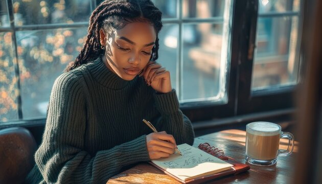 contemplative person with dreadlocks writing in a notebook at a sunlit cafe table with a mug of coffee