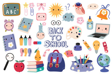 Fototapeta premium Colorful funny back to school supplies including notebooks, pencils, rulers, crayons, scissors, backpack and apple arranged on a white background. Education concept for students, teachers and school 