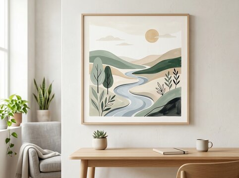 Abstract landscape painting in wooden frame on white wall