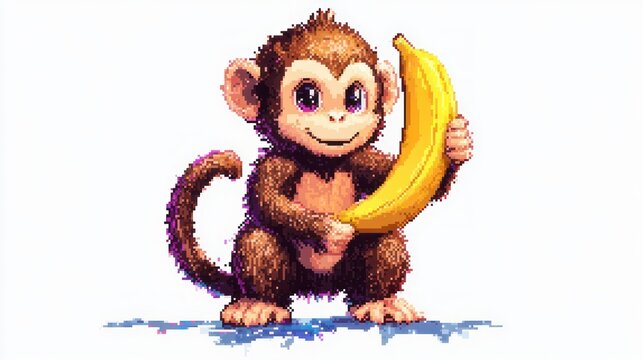 Playful pixel-art baby monkey with big eyes holding a large banana and smiling on a white background