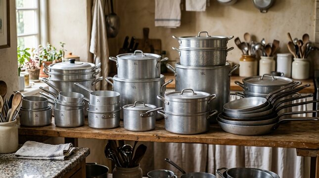 Collection of aluminum pots and pans in a rustic kitchen
