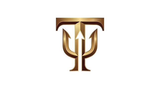 Metallic gold trident combined with letter T logo icon.