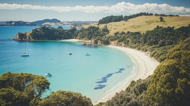 Peaceful summer bay surrounded by rolling green hills and a sandy beach with boats on turquoise water