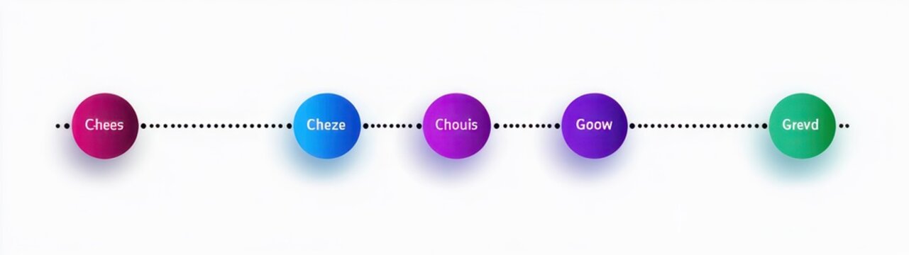 Playful horizontal dotted timeline of five glossy gradient circles with short labels, connected by a dotted line with continuation ellipses and soft drop shadows on a clean white background, cheerful