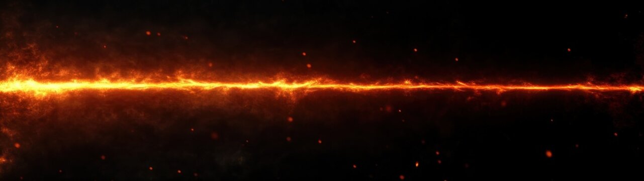 Horizontal glowing fiery line with sparks, embers and drifting smoke on a dark background conveying intense energy and tension