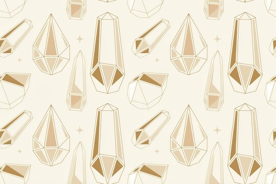 Seamless pattern of geometric crystal shapes and sharp mineral formations in gold outline on a soft cream background, for textile prints