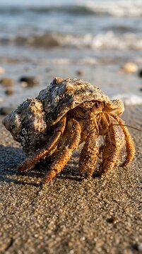 Hermit crab walking on sandy beach