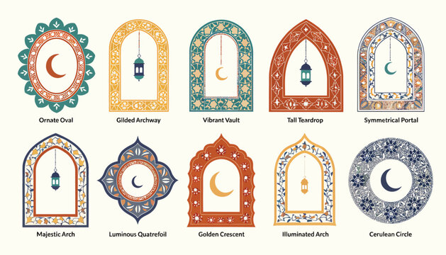 Collection of ornate windows and arches with crescent moon and lantern Islamic motifs
