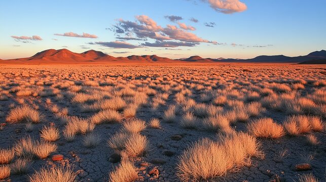 Peaceful summer evening across a dry plateau landscape with distant mountains under a blue sky