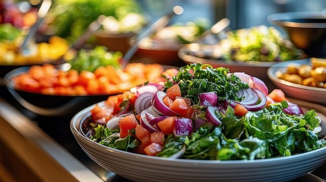 colorful fresh salad with leafy greens, diced tomatoes, red onion rings and herbs at a salad bar buffet, vibrant and appetizing