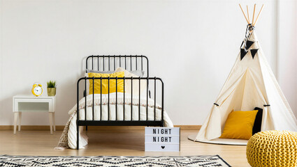 Cozy scandinavian style kids bedroom with black metal bed and playful teepee tent, interior © Sadiya Digital