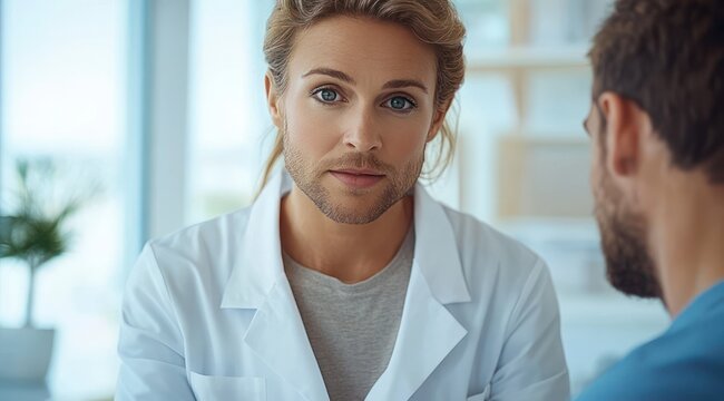healthcare professional in white coat attentively consulting with male patient with beard in a bright clinical office, calm and empathetic mood