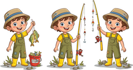 Cute fisherman boy cartoon character vector set holding fishing rod caught fish and bucket outdoor adventure illustration