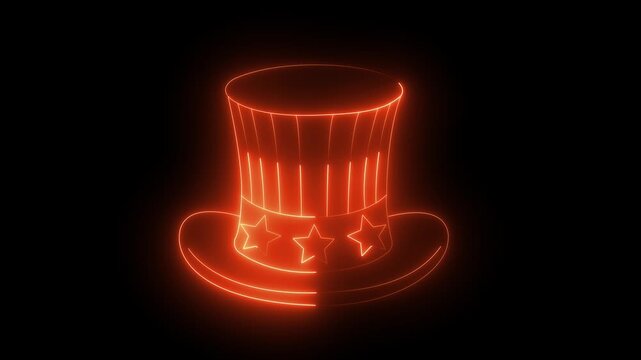 Glowing Neon Uncle Sam Top Hat Outline Animation in Colorful Lighting Loop Background