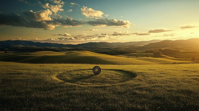 Peaceful summer evening light illuminates rolling hills and a circular pattern in a grassy field with a single object