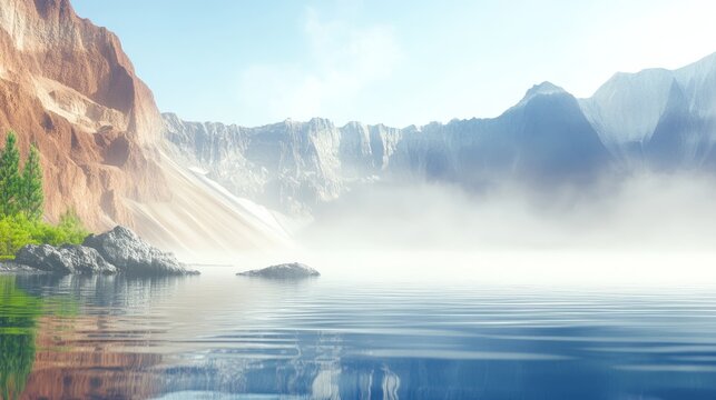 Peaceful summer morning at a crater lake surrounded by volcanic cliffs with mist rising from the water