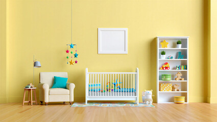Modern baby nursery room with white crib and yellow wall interior furniture bookshelf minimalist © Sadiya Digital