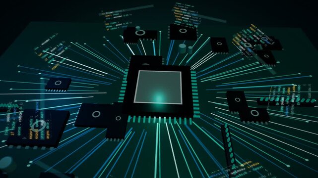 Code flowing along circuit traces into a glowing node on a teal board 3D animation seamless loop